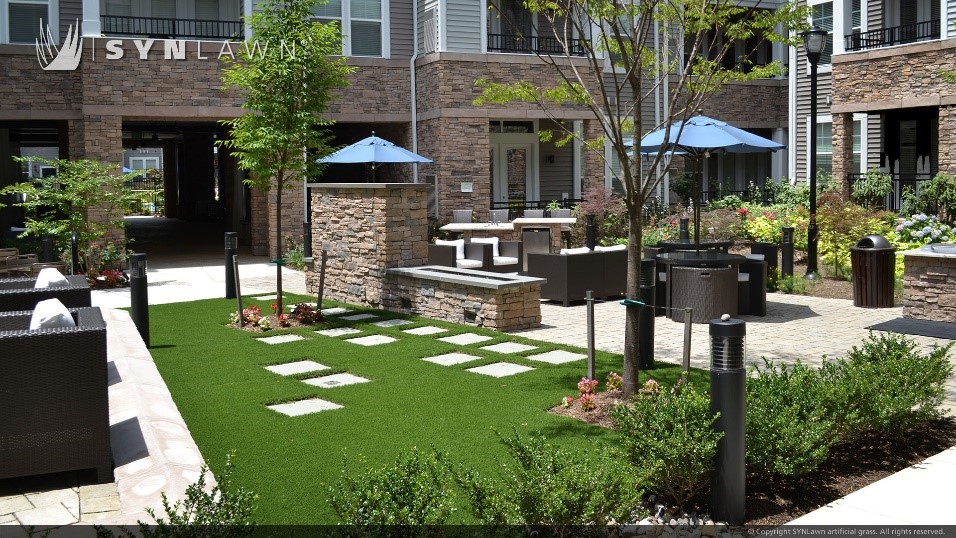 commercial artificial turf in an apartment courtyard